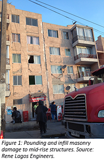 Pounding and infill masonry damage to mid-rise structures. Photo source: Rene Lagos Engineers. (Chile, 2014)