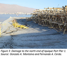 Damage to the north end of Iquique Port Pier 1. Photo source: Gonzalo A. Montalva and Fernando A. Cerda. (Chile, 2014)